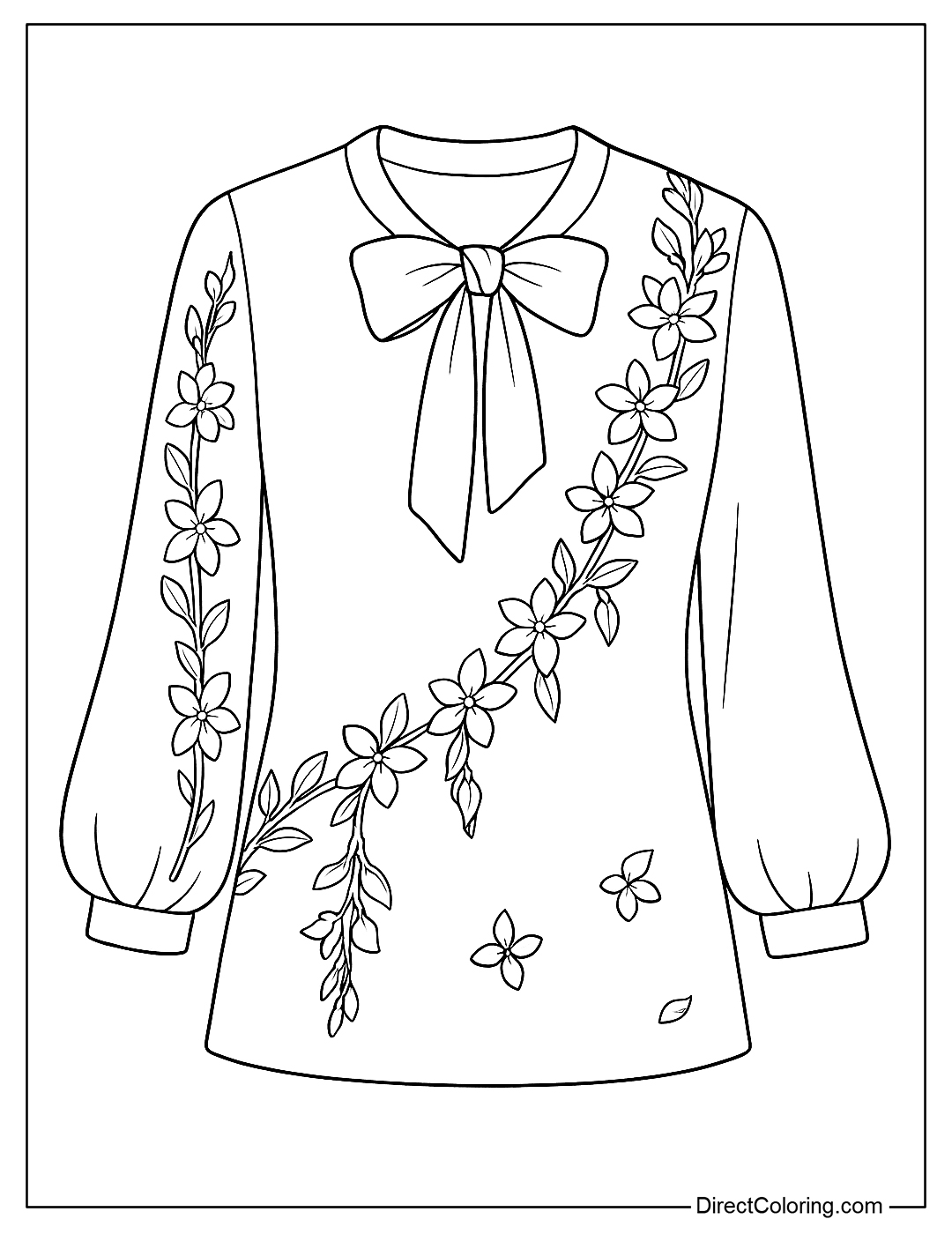 Coloring page of a bow-tie blouse with jasmine ribbons running from the shoulders to the arms, with a bow of drooping flowers